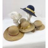 Vintage hats, three straw hats and a blue linen hat (1 box)  Condition ReportStraw generally fraying