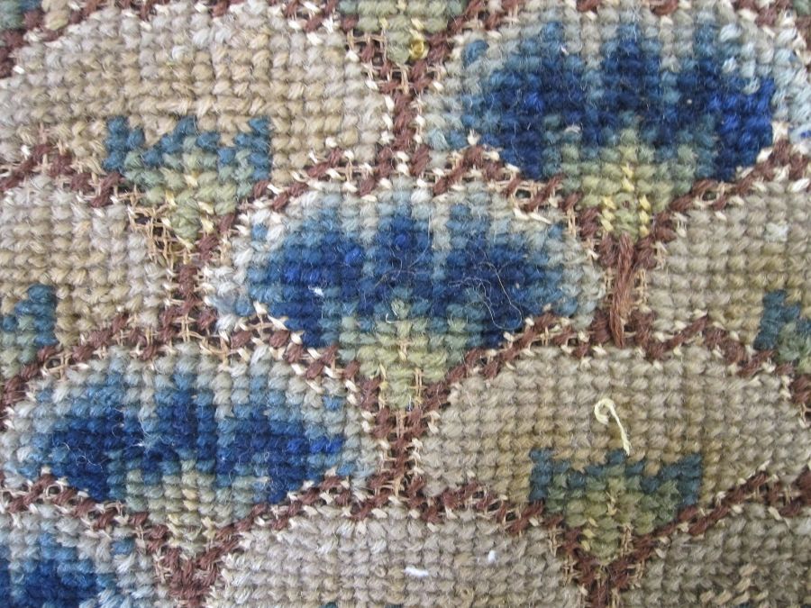 Two antique needlepoint chair covers with a recurring blue, green, yellow and brown fan-type pattern - Image 3 of 6