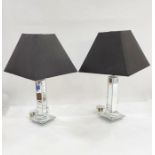 Pair of modern table lamps with mirrored glass finish and square black silk shades