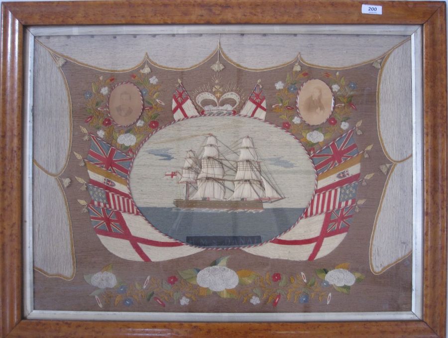 Mariner's woolwork picture of three masted ship in full sail, named 'HMS DANAE' .c 1880's (she was - Image 2 of 8