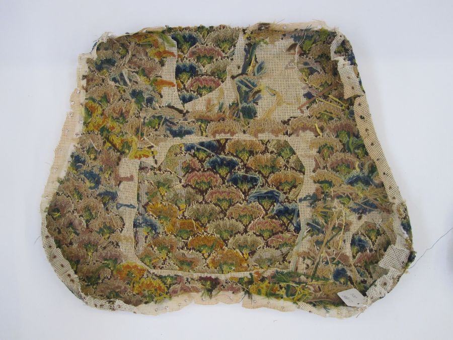 Two antique needlepoint chair covers with a recurring blue, green, yellow and brown fan-type pattern - Image 4 of 6