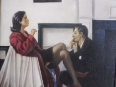 In the style of Vettriano  Oil on canvas, interior scene with man and woman smoking besides a