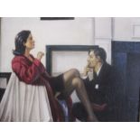 In the style of Vettriano  Oil on canvas, interior scene with man and woman smoking besides a