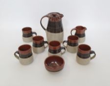 John & Judy Jelfs studio pottery stoneware coffee set with tenmoku glaze on oatmeal ground,