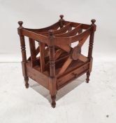 Modern hardwood canterbury, three sections with single drawer under, on turned supports