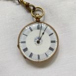 Continental gold-coloured metal fob watch, open-faced with enamel dial decorated with blue