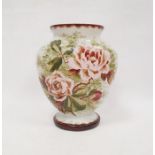 Large Victorian opaline glass vase of flattened baluster form with hand painted pink rose decoration