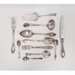 German silver fork, spoon and knife set, the knife silver-handled, foliate handles, initialled '