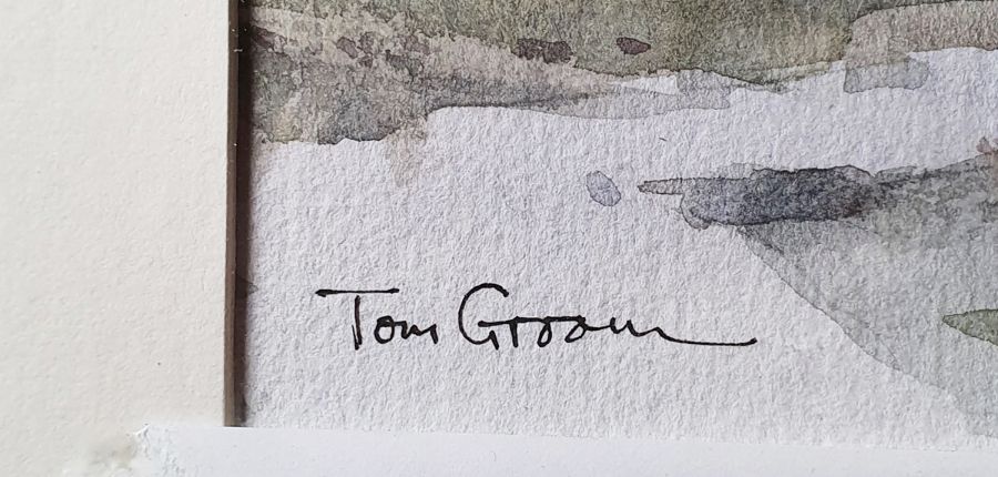 Tom Groom Watercolour "Bosham Waterfront", dated 84 to label verso, 21cm x 41.5cm - Image 3 of 3
