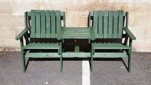 Modern Jack and Jill-style garden bench, green painted with two seats and central table