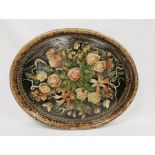 Large papier-mache ebonised oval tray with gilt and hand-painted floral decoration