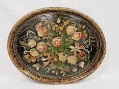 Large papier-mache ebonised oval tray with gilt and hand-painted floral decoration