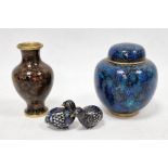 Four items of Chinese cloisonne to include ginger jar, two quails and a vase