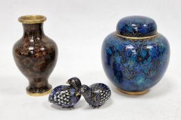 Four items of Chinese cloisonne to include ginger jar, two quails and a vase