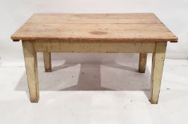 Pine-topped kitchen table on square section supports, 76.5cm x 90cm x 150cm