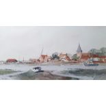 Tom Groom Watercolour "Bosham Waterfront", dated 84 to label verso, 21cm x 41.5cm