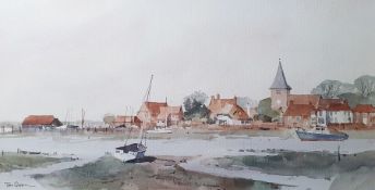 Tom Groom Watercolour "Bosham Waterfront", dated 84 to label verso, 21cm x 41.5cm