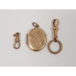 Gold-coloured oval engraved locket (unmarked), an 18ct gold clasp, 4.5g approx. and a 9ct gold