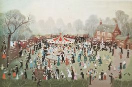 After Helen Bradley  Colour print  "The Fair at Daisy Nook", artist's blind studio stamp lower left,