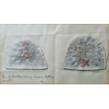 Two mounted needleworks, possibly moccasin tops, with pen inscription 'Cree Embroidery Showing