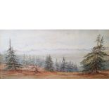 E. Bruce Watercolour Highland scene with spruce trees to the foreground, mountain range in the