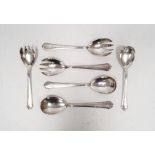 Two large and one small German silver salad server sets with engraved handles, all marked with