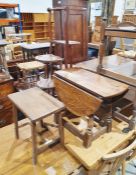 20th century mahogany folding cakestand, small oak drop leaf table and an oak stool