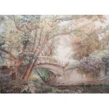 Alice E de Maine (19th century) Watercolour Bridge over river, signed lower right and dated 1877,