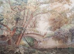 Alice E de Maine (19th century) Watercolour Bridge over river, signed lower right and dated 1877,