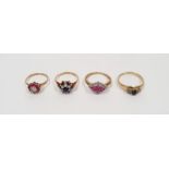 9ct gold, ruby and diamond lozenge-shaped cluster ring, 2.5g, a gold flower-shaped ring, a 9ct gold,