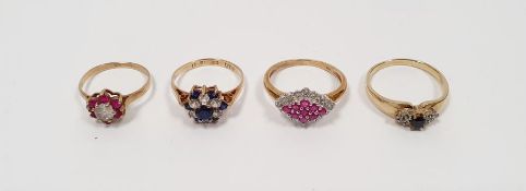 9ct gold, ruby and diamond lozenge-shaped cluster ring, 2.5g, a gold flower-shaped ring, a 9ct gold,