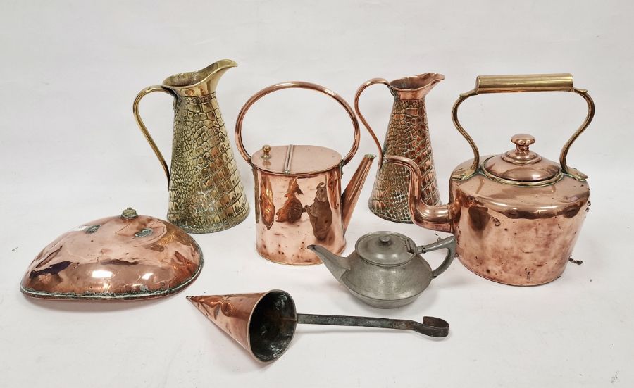 Quantity of brass and copper items to include copper jugs, brass jug, kettles, teapot, pans,