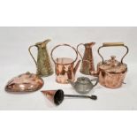 Quantity of brass and copper items to include copper jugs, brass jug, kettles, teapot, pans,