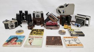 Quantity of vintage binoculars, cameras and equipment to include an Ilford Sportsman camera with