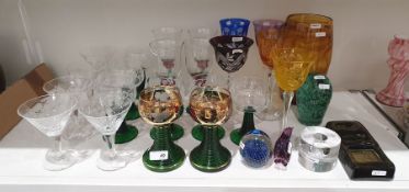 Five assorted Bohemian flash cut hock glasses, an Orrefors clear glass candle holder by Sven