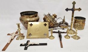 Brass cross, brass fretwork ceiling lamp, pair of brass candlesticks, a brass bucket with embossed