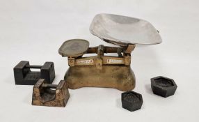 Vintage set of scales by W and T Avery, together with assorted weights in ounces, pounds etc