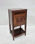 Early 20th century marble topped side table with single drawer above cupboard door, open shelf