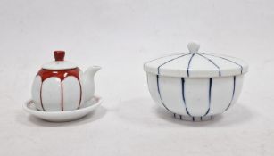 Porcelain lidded pot in blue and white, Oriental-type mark to base and similar miniature teapot