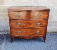 19th century mahogany bowfront chest of two short over two long drawers, splayed feet, 89cm x 90cm x