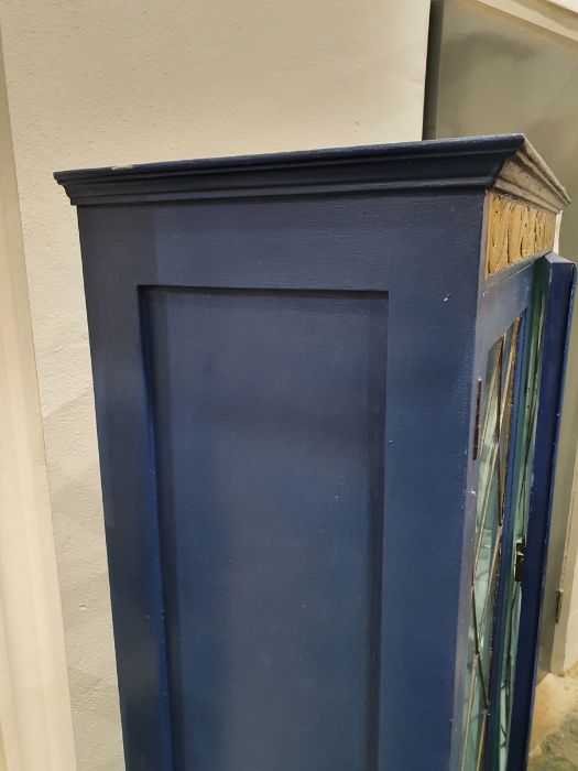 20th century painted cabinet, the leaded glazed doors enclosing shelves above two linenfold cupboard - Image 19 of 21