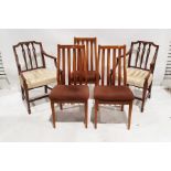 Pair of 20th century carvers armchairs with gold and cream floral upholstery and a set of three