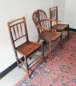 Elm seated armchair, with backsplat and crinoline stretcher, together with two country chairs (3)