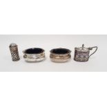 Pair Victorian silver salts, oval with gadrooned everted rim, blue glass liners, initialled,