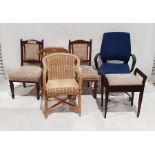 Modern wicker chair, a pair of dining chairs, a modern office chair, a pine chair and a piano