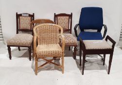 Modern wicker chair, a pair of dining chairs, a modern office chair, a pine chair and a piano