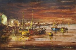 Dom Sutton(?)  Oil on board Moored fishing vessels, indistinctly signed lower right, 60cm x 90cm