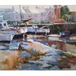 Ray Balkwill  Mixed media "Wet Mud, Lympstone" coastal scene with moored boats at low tide, bears