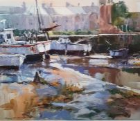 Ray Balkwill  Mixed media "Wet Mud, Lympstone" coastal scene with moored boats at low tide, bears