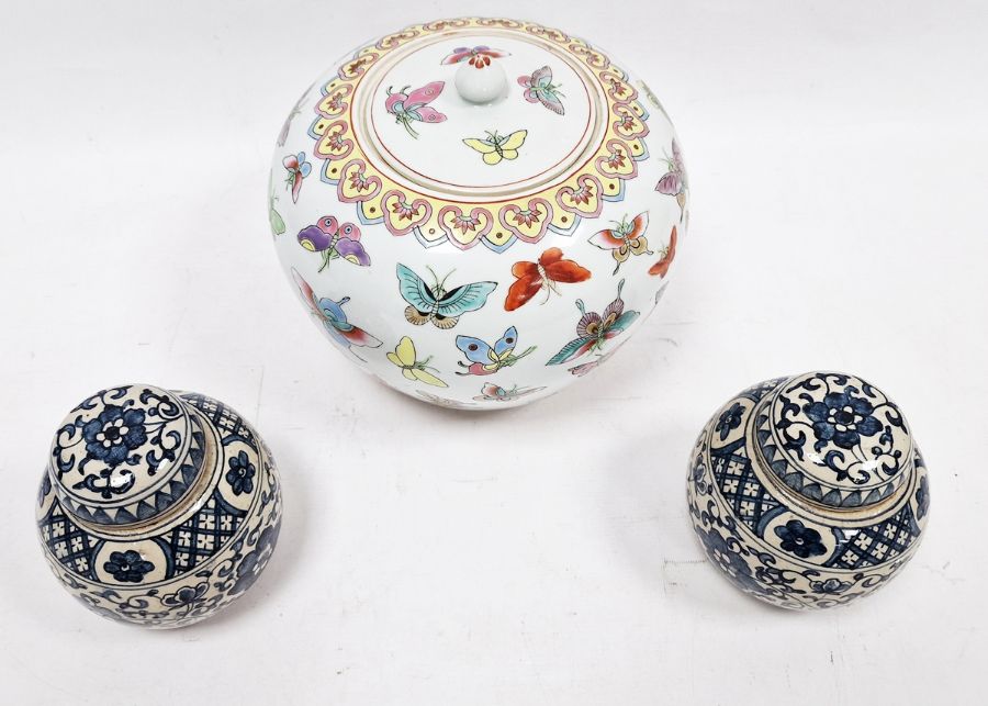 20th century lidded ovoid pot in the Chinese taste, decorated with butterflies and two ginger - Image 2 of 6